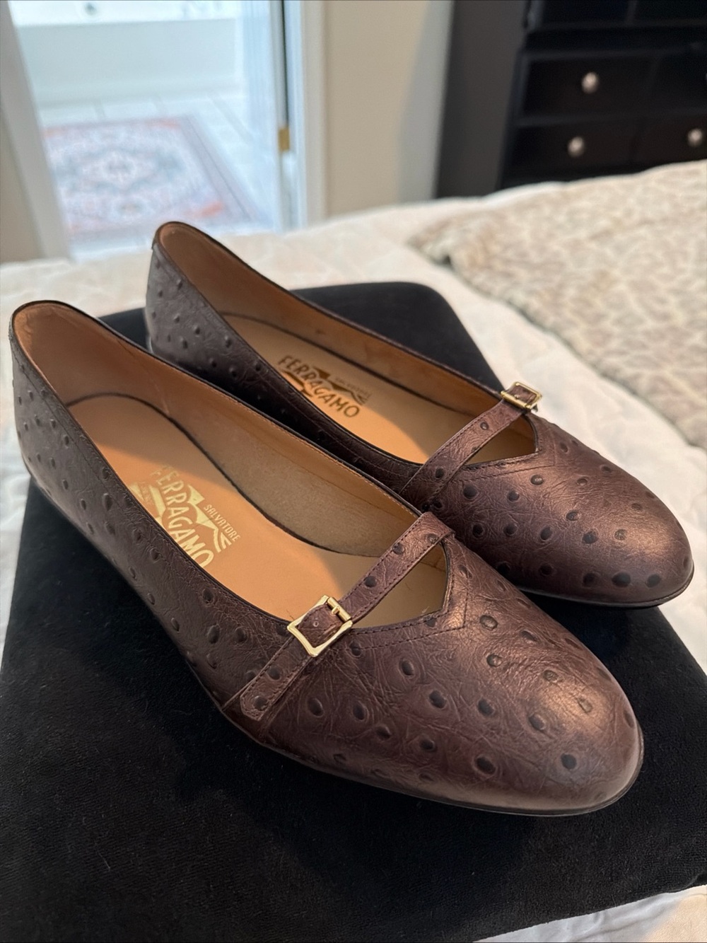 Salvatore Ferragamo Audrey Ballet Flats Ostrich Brown 8 - Picture 3 of 12